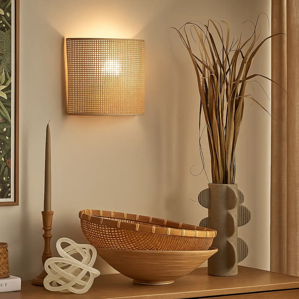 Applique murale en rotin naturel tressé, design scandinave épuré, lumière douce et chaleureuse.