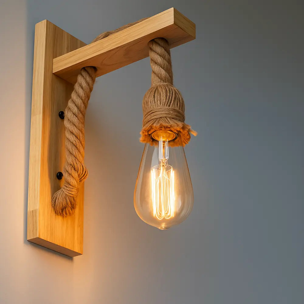 Applique murale en bois, corde naturelle avec ampoule vintage apparente, style rustique chaleureux.