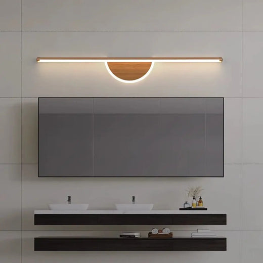 Applique murale bois LED moderne, lumière douce, lignes épurées, design minimaliste sur mur.