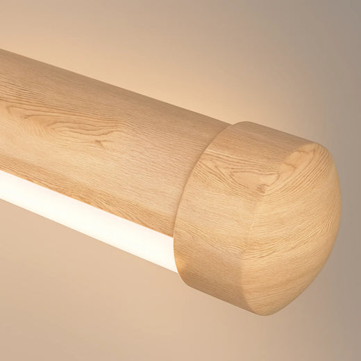 Applique murale cylindrique en bois, finition lisse, bande LED blanche douce intégrée.