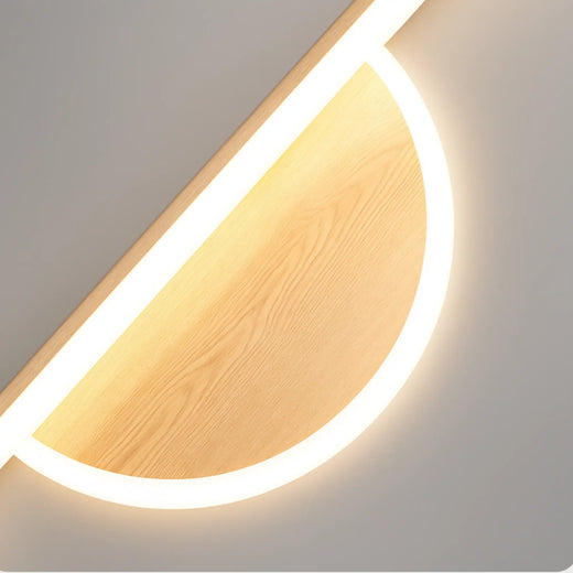 Applique murale moderne demi-cercle en bois avec anneau LED blanc, pour salle de bain.
