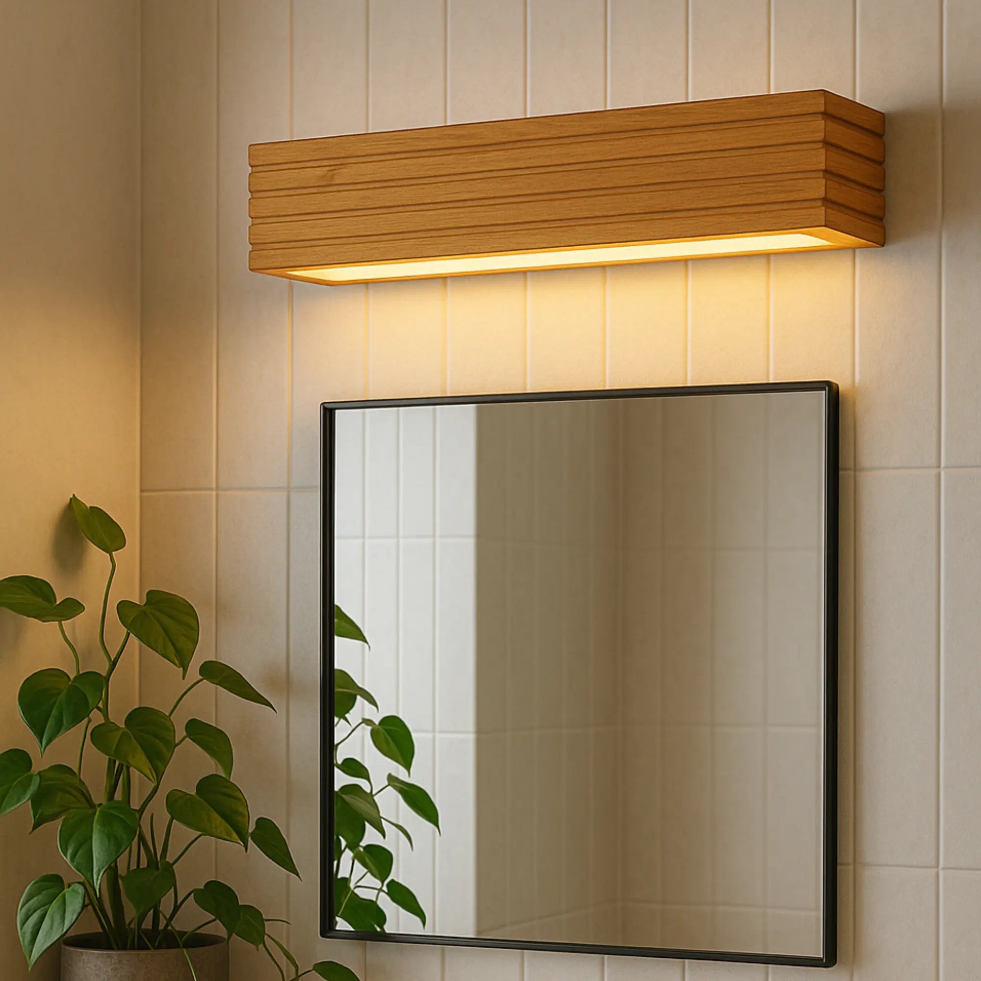 Applique murale en bois rectangulaire LED, éclairage linéaire moderne fixé au mur.