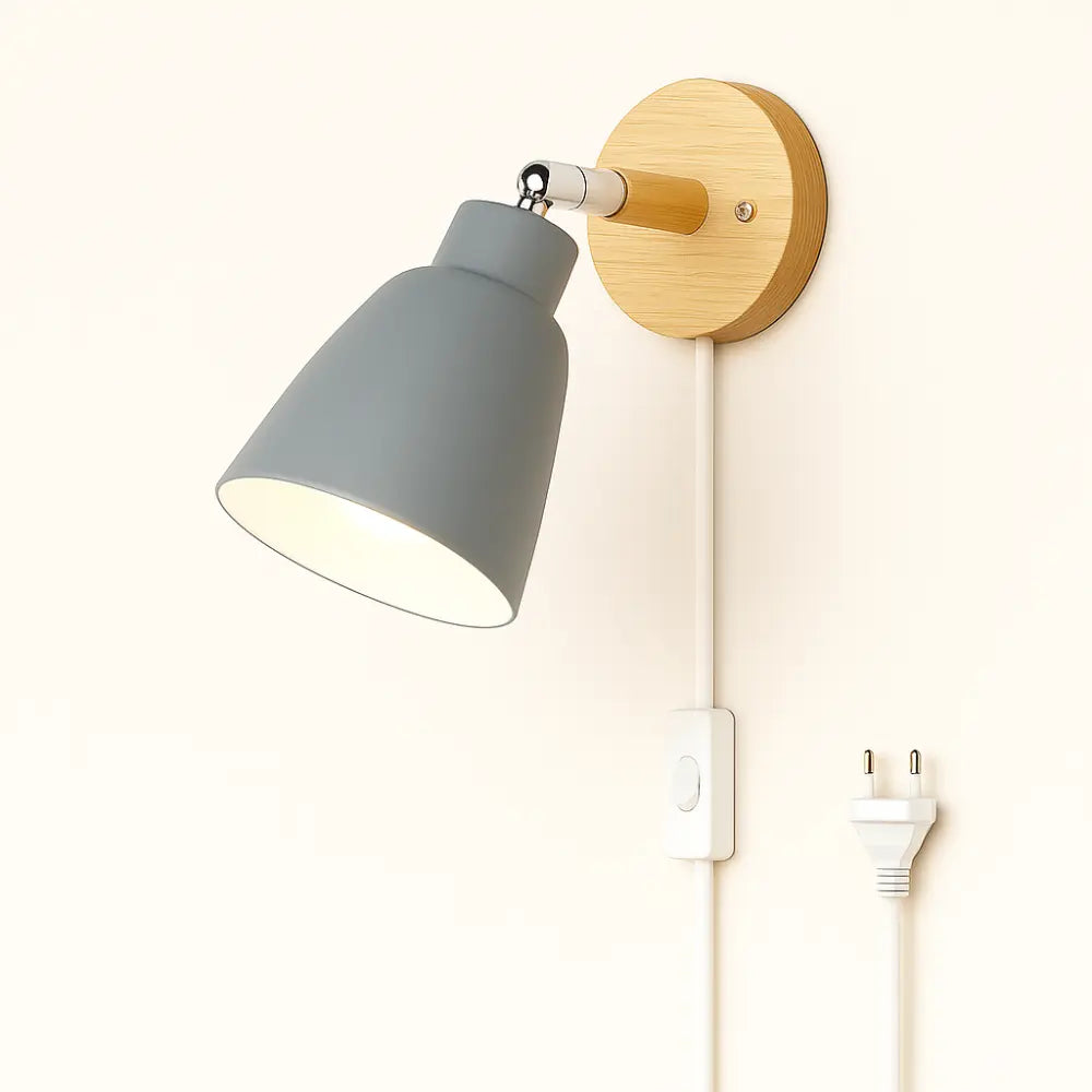 Applique murale nordique en bois, abat-jour gris, cordon blanc et prise européenne.