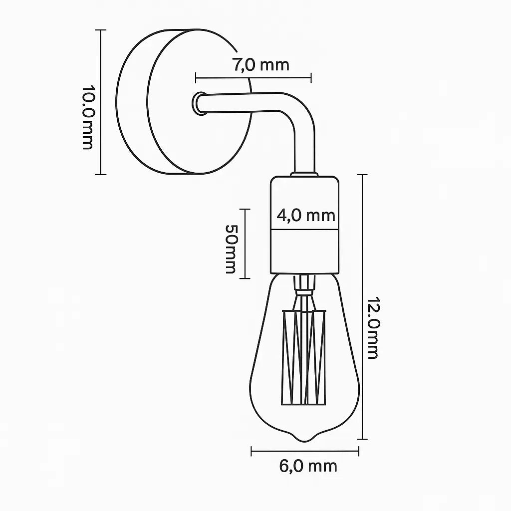 Dessin au trait d'une applique murale bois et métal noir, douille arrondie LED E14, dimensions indiquées.