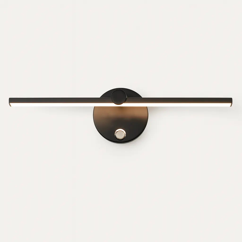 Applique murale LED noire, design moderne, barre horizontale élégante sur base ronde.