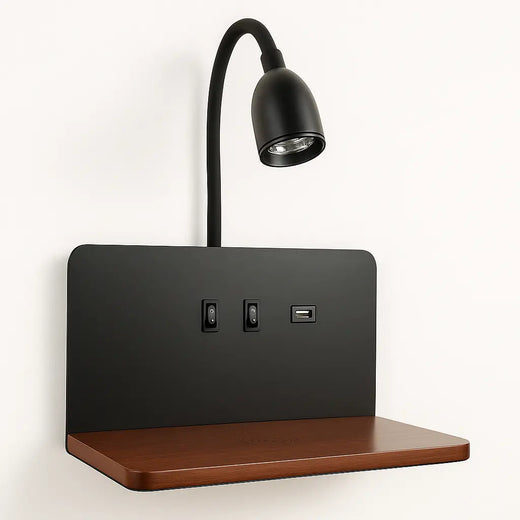 Applique murale bois avec liseuse LED, deux boutons et port USB intégrés.