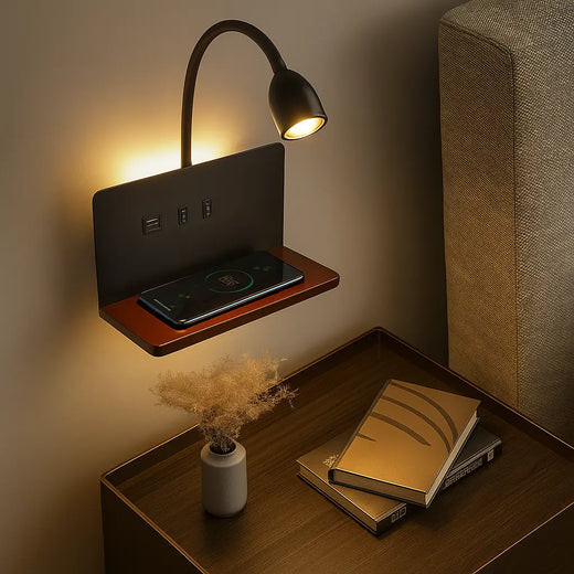 Applique murale en bois moderne avec liseuse LED, deux ports USB et chargeur sans fil.