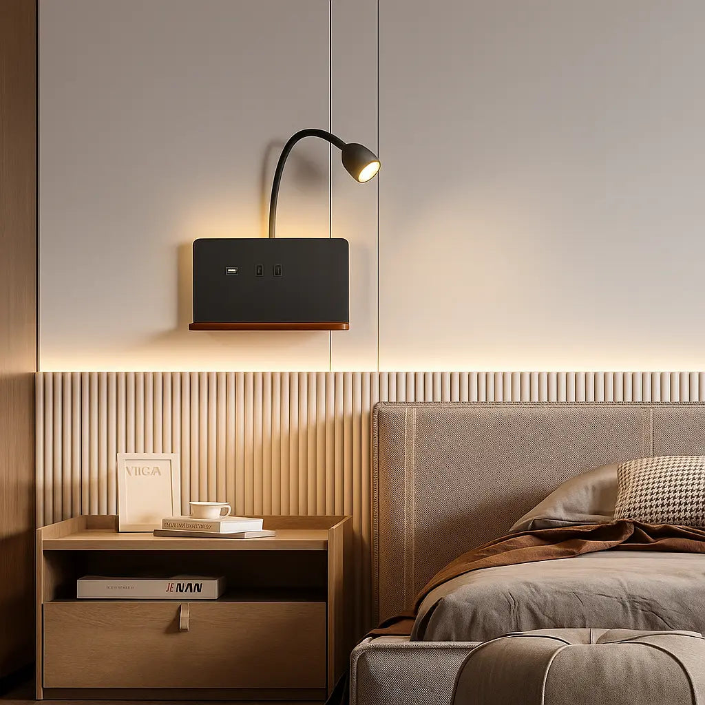 Applique murale bois LED liseuse intégrée avec étagère et port USB, design moderne, lumière chaleureuse.