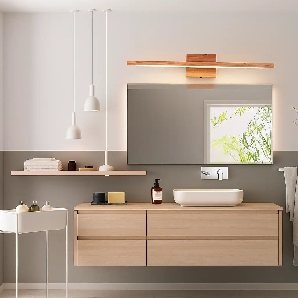 Applique murale LED bois minimaliste, orientée vers le bas, éclairant élégamment le miroir.