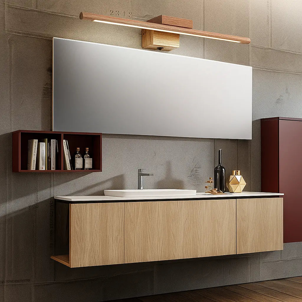 Applique murale LED bois orientée vers le bas, élégante et moderne pour salle de bain.