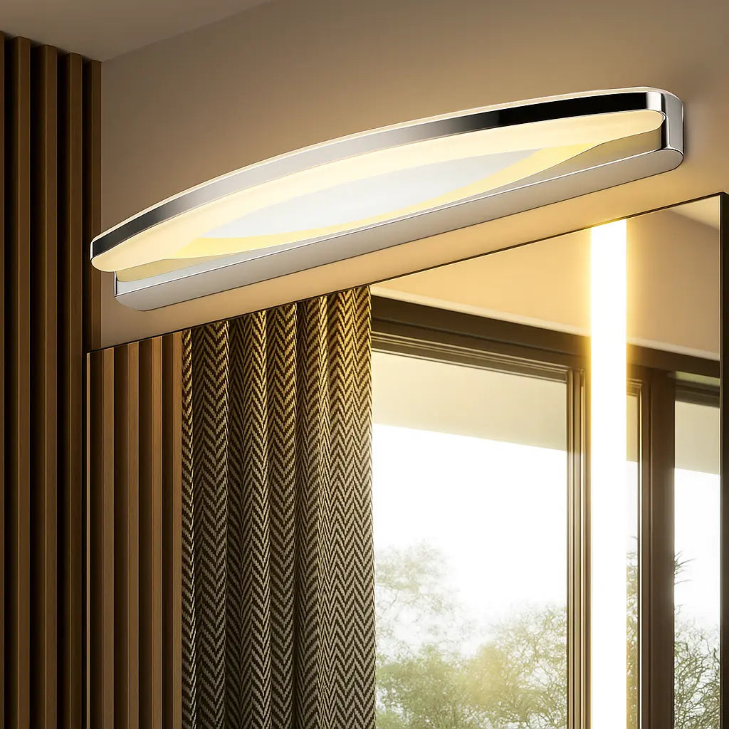 Applique murale LED ovale, chrome brillant et acrylique, lumière douce directionnelle.