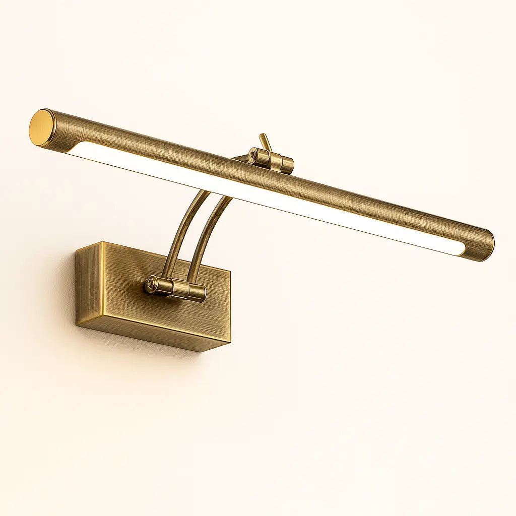 Applique murale moderne en laiton, base rectangulaire et lampe cylindrique horizontale LED étanche.