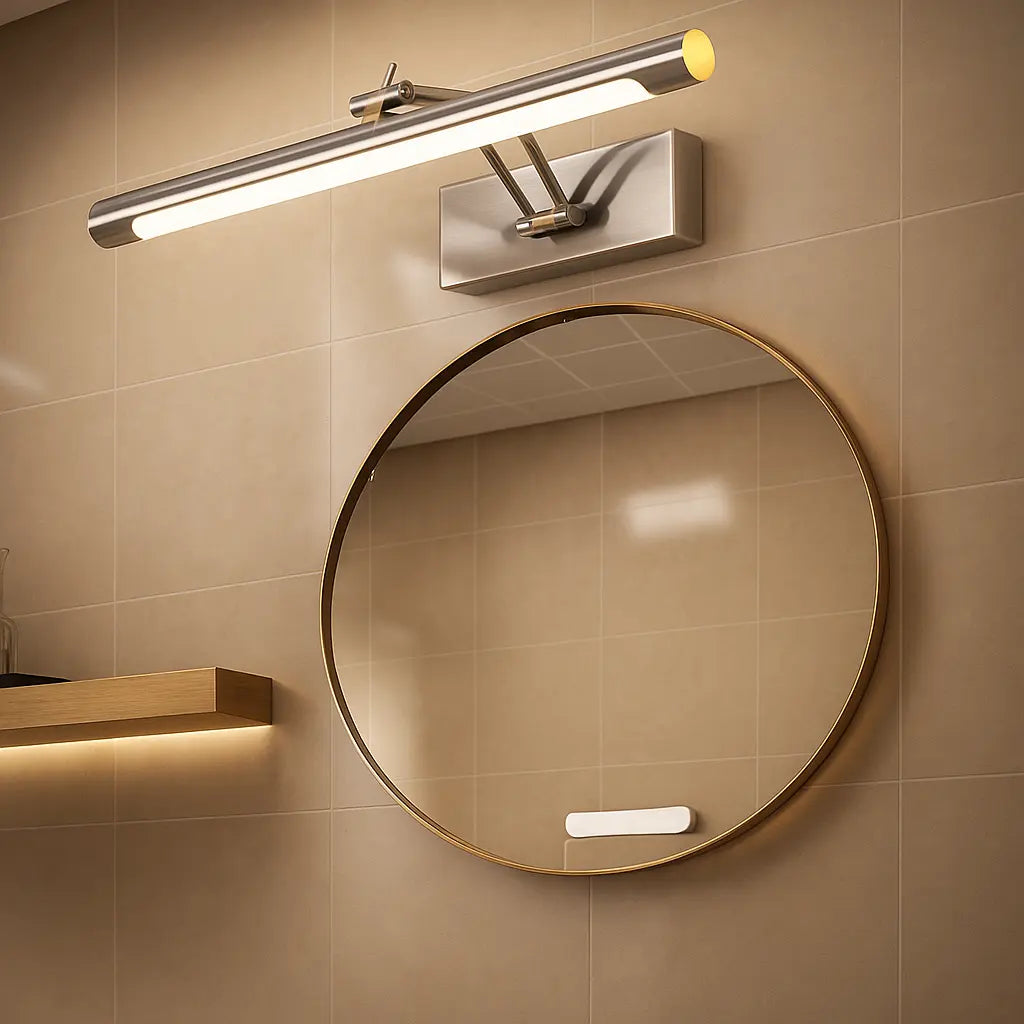 Applique murale LED moderne en aluminium fixée au mur beige, éclaire la pièce.