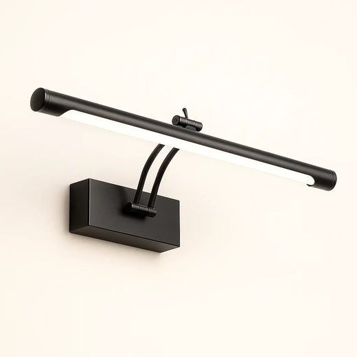 Applique murale LED noire, base rectangulaire, tube cylindrique, design moderne en aluminium.