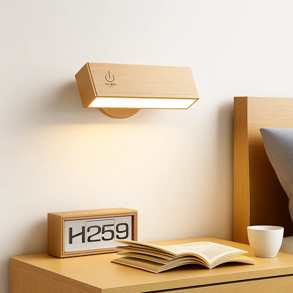 Applique murale bois LED tactile moderne, rectangulaire, finition bois naturel brossé.