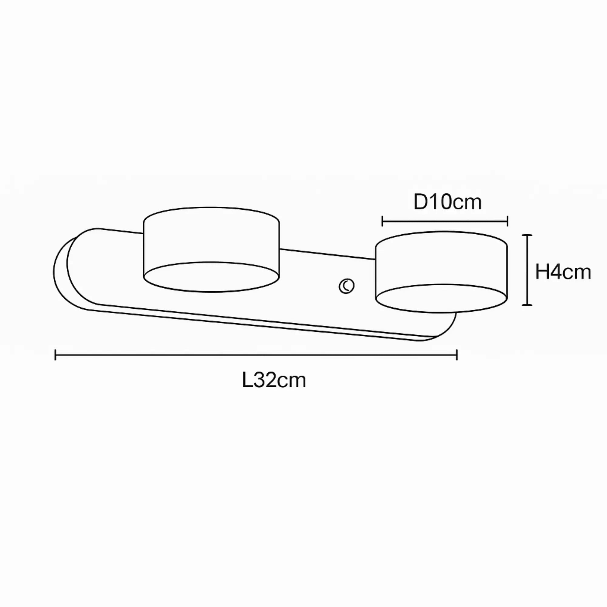 Dessin au trait d'une applique murale bois, deux cercles LED, style japonais minimaliste.