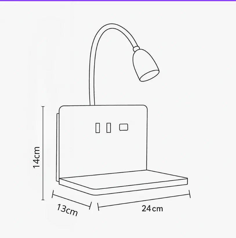 Applique murale en bois avec liseuse LED et port USB, panneau arrière 14 cm.