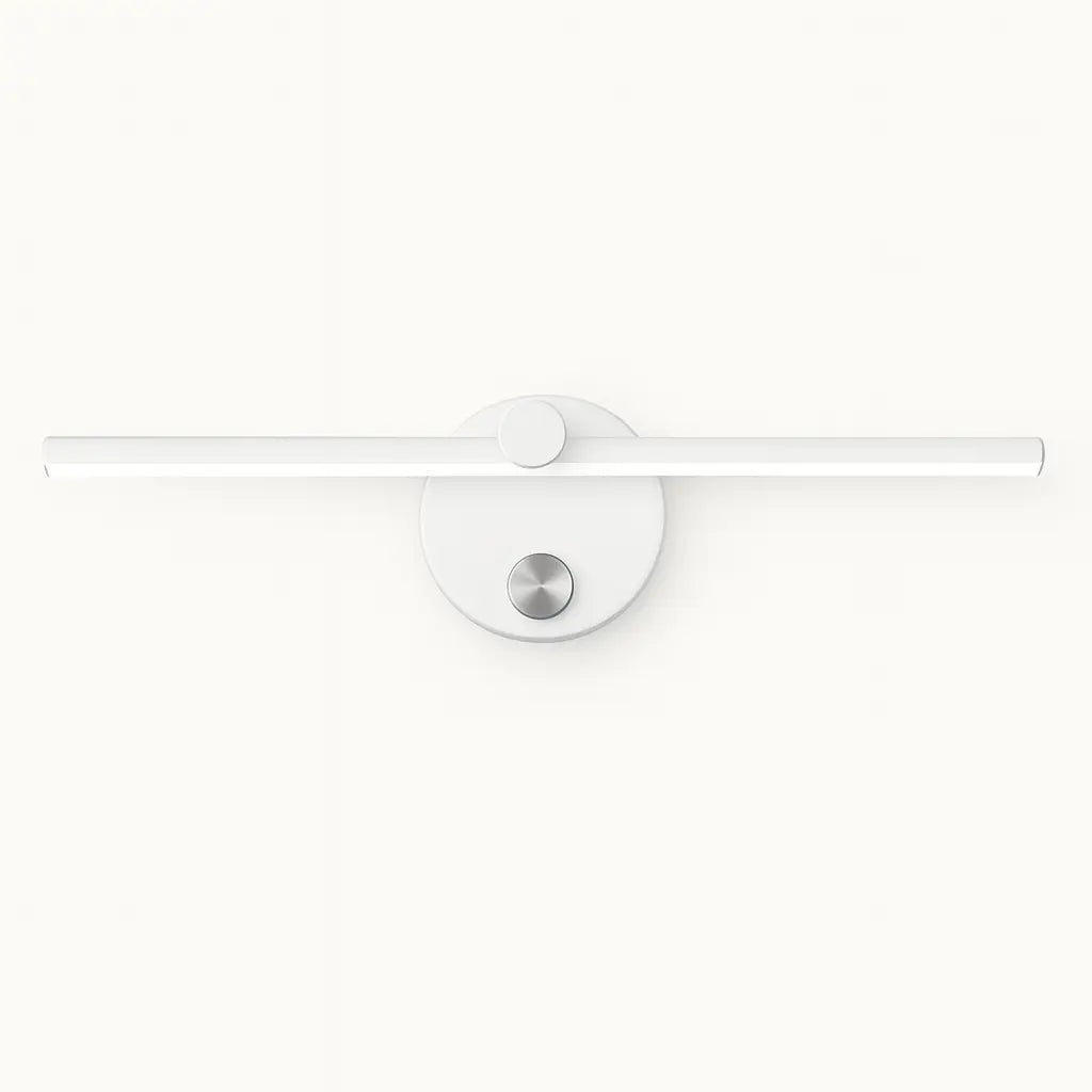Applique murale noire minimaliste LED, barre moderne sur base ronde, style contemporain.