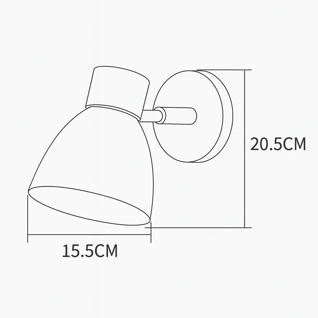 Dessin au trait d'une applique murale nordique bois E27, socle naturel, abat-jour coloré, 20,5x15,5 cm.
