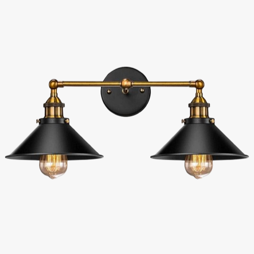 Applique murale noire et or à deux abat-jours orientés vers le bas, style industriel vintage.