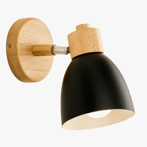 Applique murale en bois naturel avec abat-jour coloré, design nordique moderne et épuré.