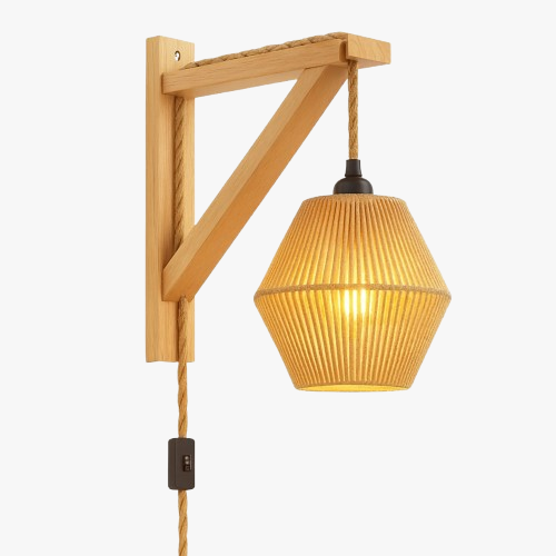 Applique murale rétro en bois, abat-jour tressé et structure angulaire élégante.