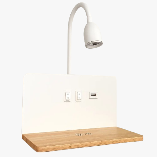Applique murale en bois avec liseuse LED, interrupteurs, port USB et chargeur sans fil.