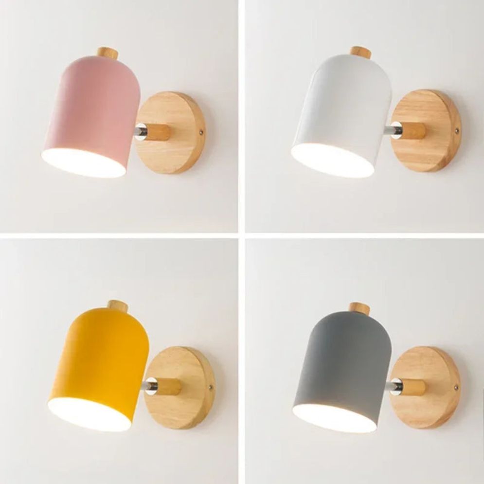 Applique murale design en bois, abat-jour cylindrique rose, blanc, jaune ou gris, LED intégrée.