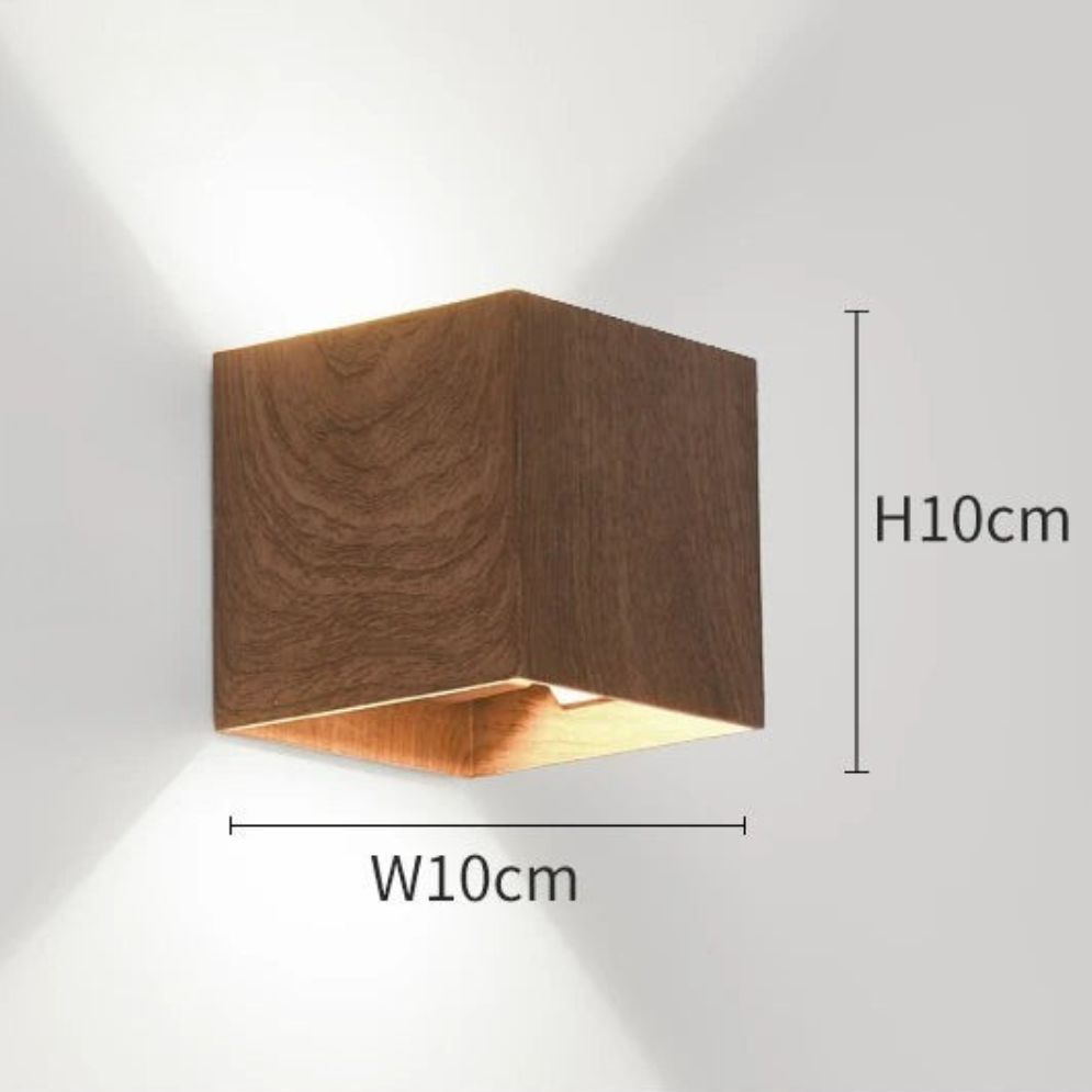 Applique murale cubique en bois, lumière LED blanche diffuse vers le haut et le bas.