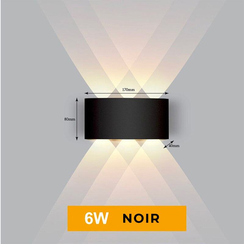 Applique murale diamant noir et blanche LED, lumière chaleureuse, étiquette jaune "6W NOIR" visible.