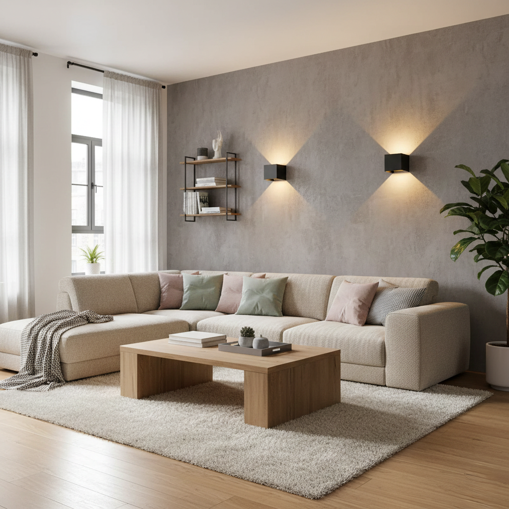 Une applique murale cubique noire en aluminium LED, design moderne et épuré sur un mur.